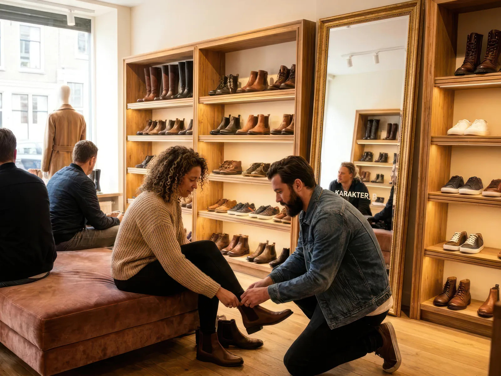 Verkoper toont een klant twee paar schoenen in een schoenwinkel