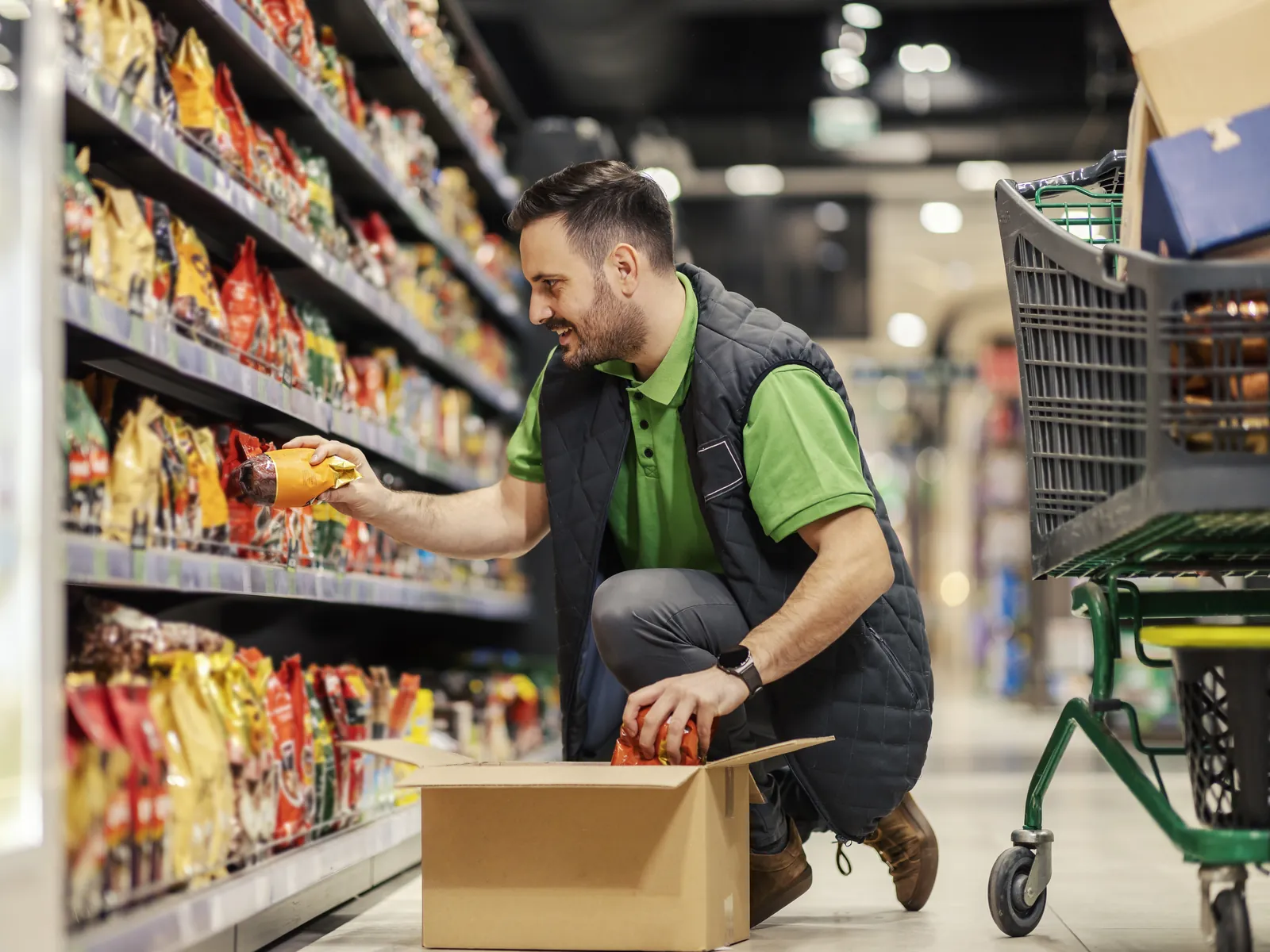 Employé ouvre un carton et range des paquets de pâtes en rayon